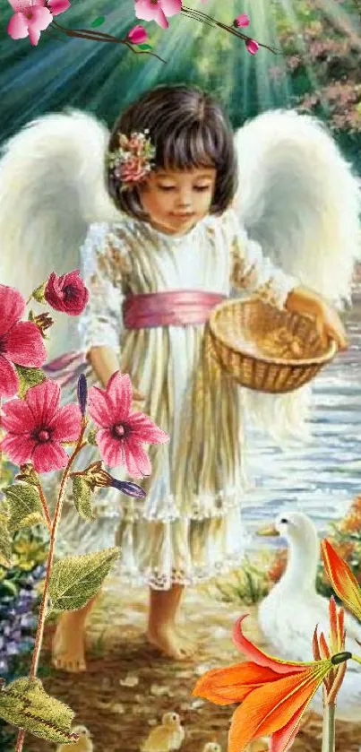 Mobile wallpaper of an angel in a vibrant garden with flowers and a lake.