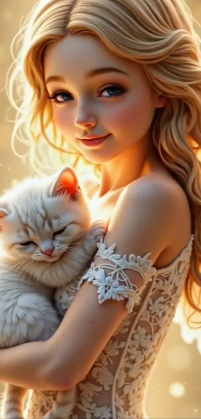 Angelic girl with a cat in a luminous setting.