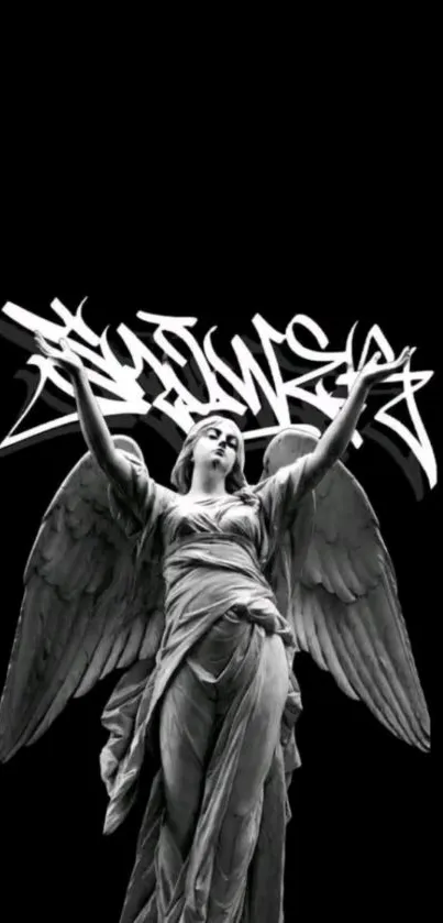 Stone angel with graffiti on black background, stylish mobile wallpaper.