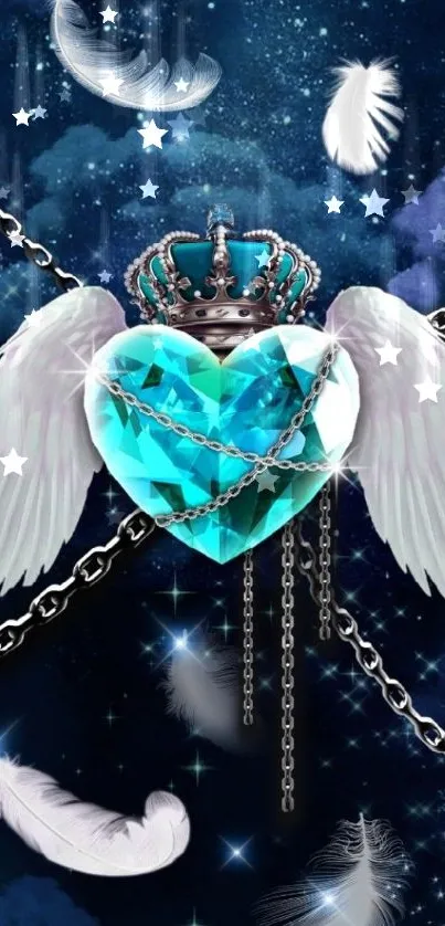 Blue gem heart with wings and chains on a starry night sky.