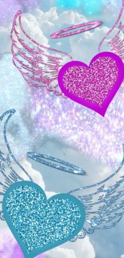 Glittery angel hearts with wings and clouds background.