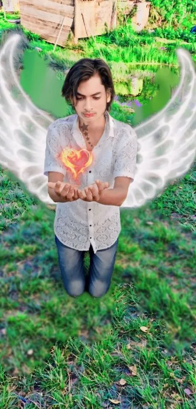 Kneeling angel with wings holding a fiery heart on a green background.