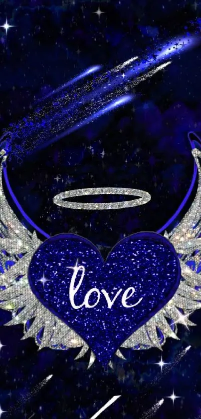 Angel heart with dazzling blue wings and a halo on a cosmic background.