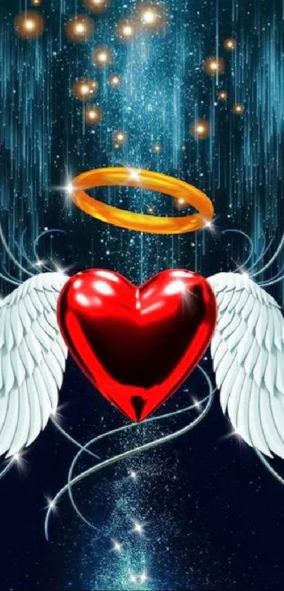 Angel heart wallpaper with wings, halo, and cosmic stars.