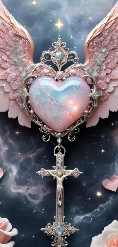 Mobile wallpaper featuring angel wings and a glowing heart with silver details.