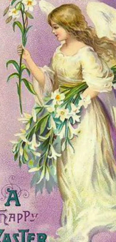 Angel with lilies on Easter-themed wallpaper.