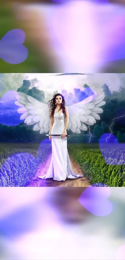 Ethereal angel with wings in a purple dreamscape meadow.