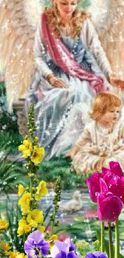 Angel in a garden with colorful flowers and serene ambiance.