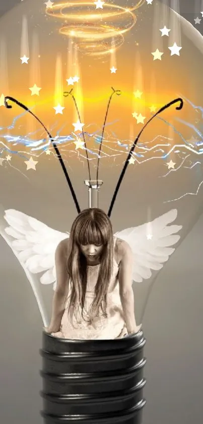 Surreal angel figure inside a glowing light bulb with electric waves and stars.