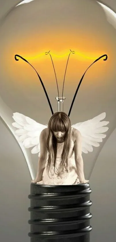 Angel with wings inside a glowing light bulb.