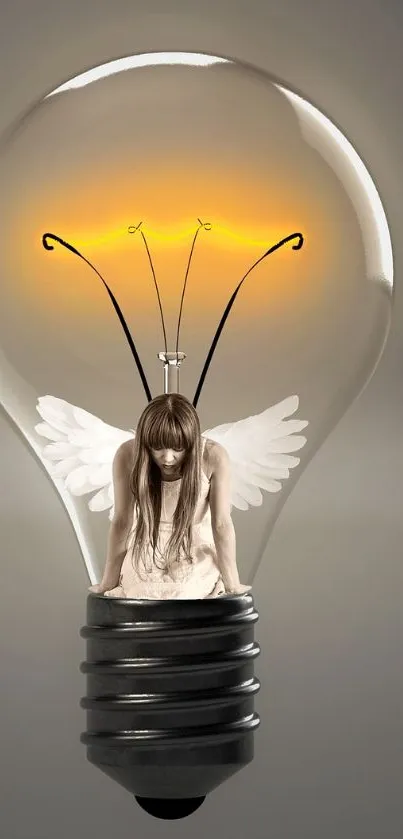 Creative wallpaper featuring an angel inside a glowing light bulb art design.