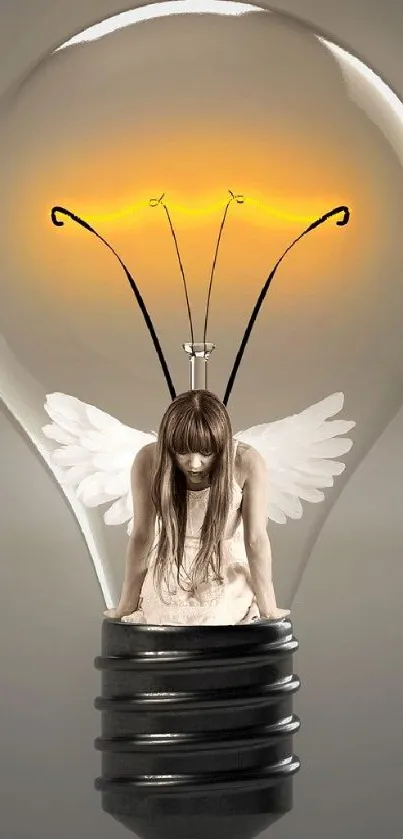 Angel inside a glowing light bulb wallpaper.