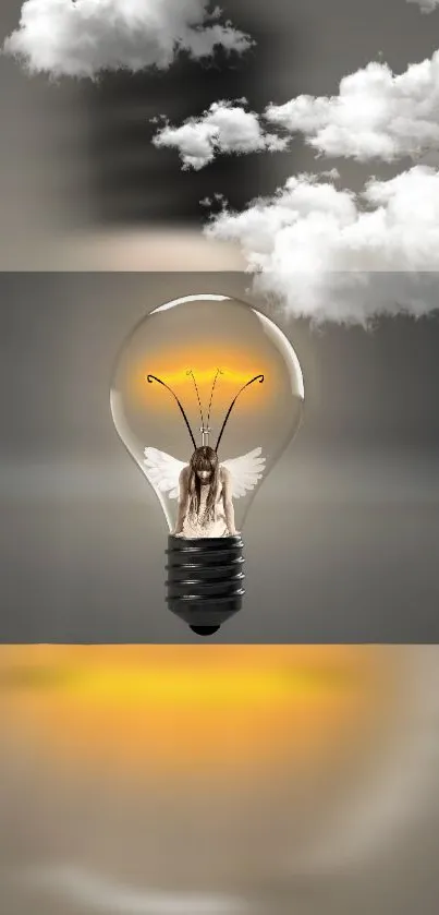 Surreal wallpaper with an angel inside a lightbulb amidst clouds.