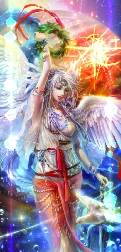 Mystical angel with wings in cosmic galaxy.