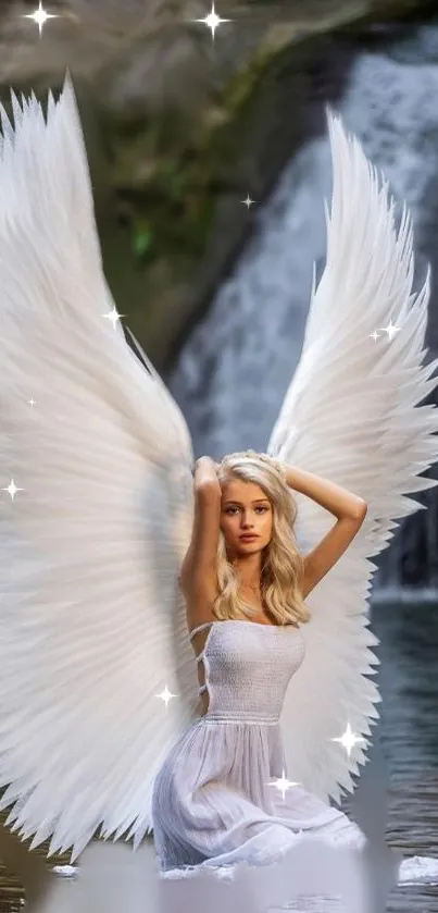 Angel with white wings by waterfall, mobile wallpaper.