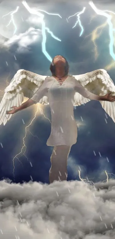 Angel with wings in a stormy sky with lightning and clouds.