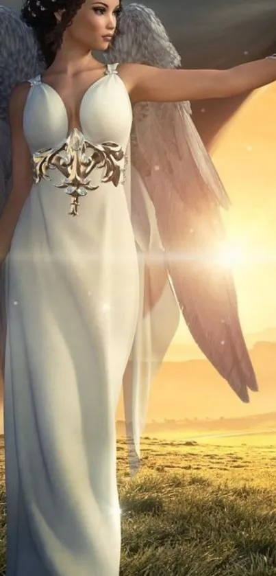 Ethereal angel in golden sunset field, serene and graceful.