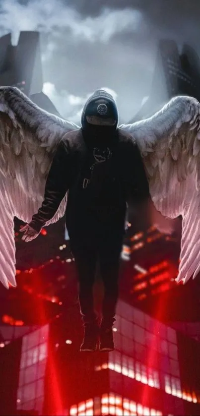 Mysterious figure with angel wings in urban setting.