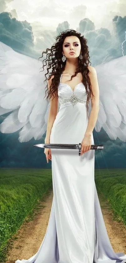 Angel in a white dress with wings holding a sword against a stormy sky.