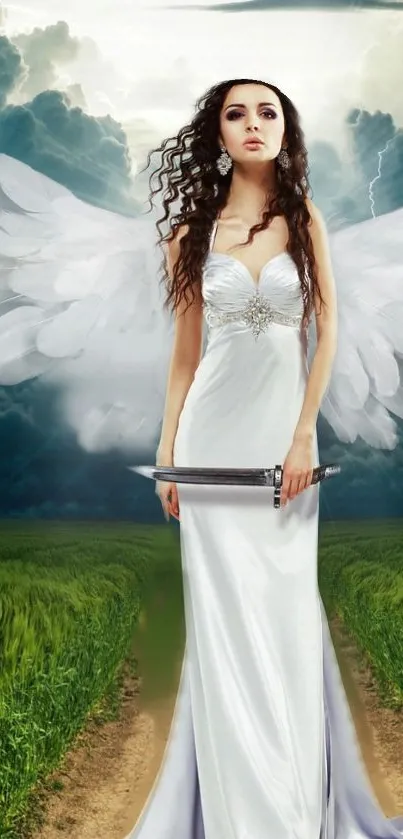 Ethereal angel with wings and sword, in a dramatic white dress.