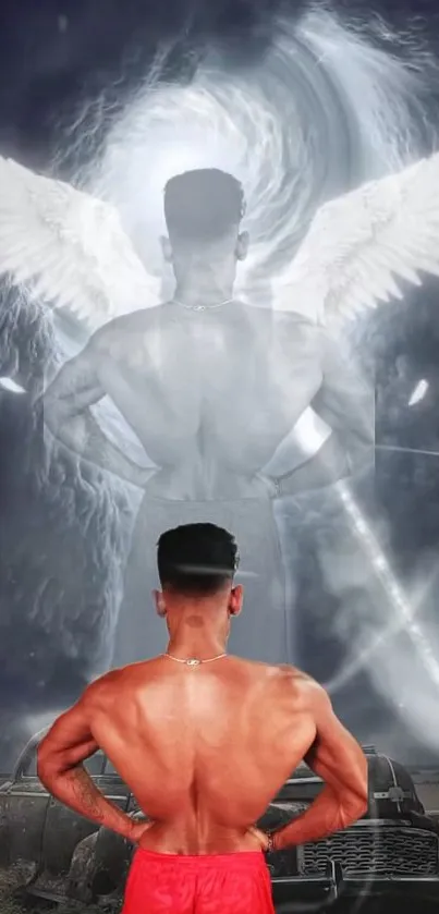 Mobile wallpaper with angel wings and muscular figure in dark gray theme.