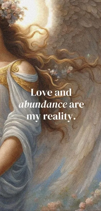 Ethereal angel with quote 'Love and abundance are my reality' in beige hues.