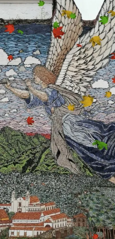 Mosaic art of an angel soaring above a scenic landscape.