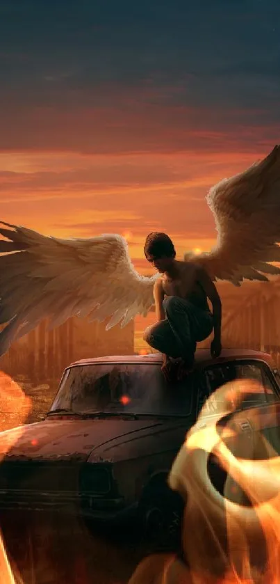 Angel with wings on a car amid a sunset scene.