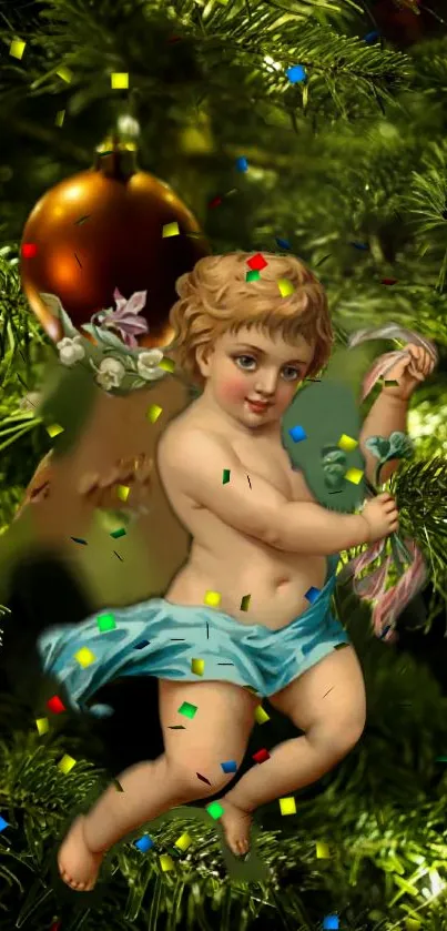 Angel amidst green festive branches with colorful confetti.