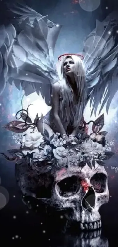 A mystical angel sits atop a skull in this dark fantasy wallpaper.