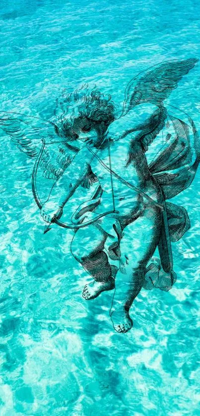 Angelic figure floating over turquoise water design.