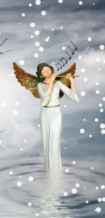 Angel with flute in snowy mystical scene.