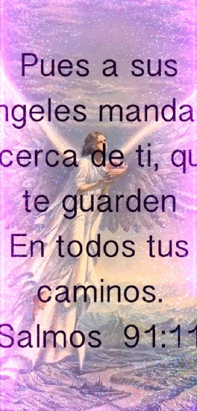 Angel with wings and motivational Salmos 91:11 quote on a serene background.