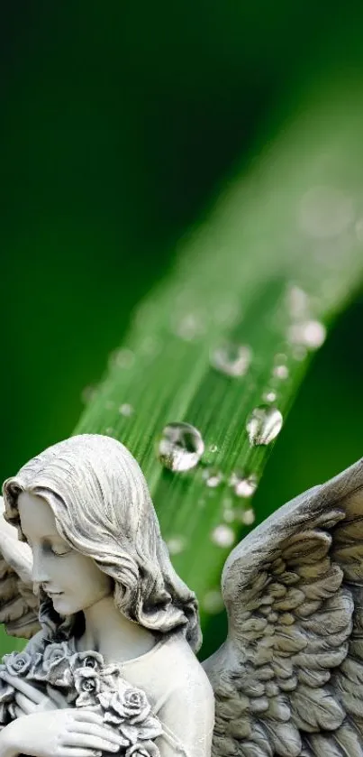 Elegant angel sculpture with green, dewdrop-covered leaves in the background.