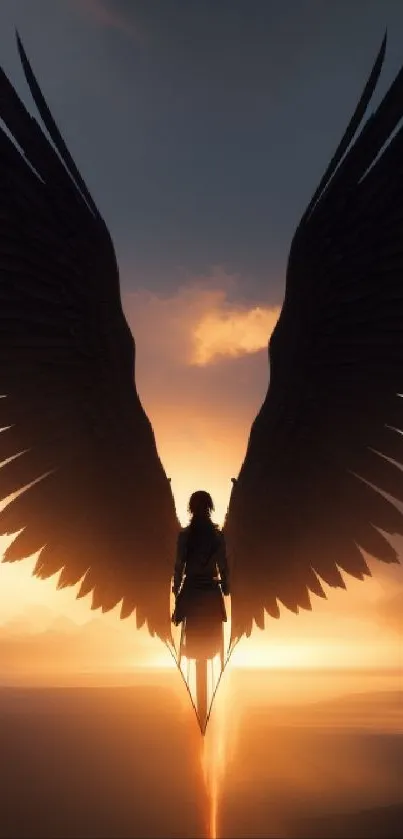 Silhouette of angel with wings against a vibrant sunset.