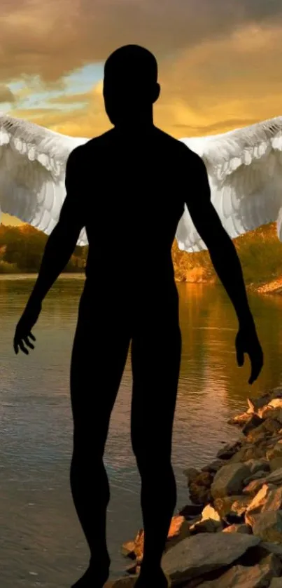 Silhouette of angel with wings by lake at sunset.