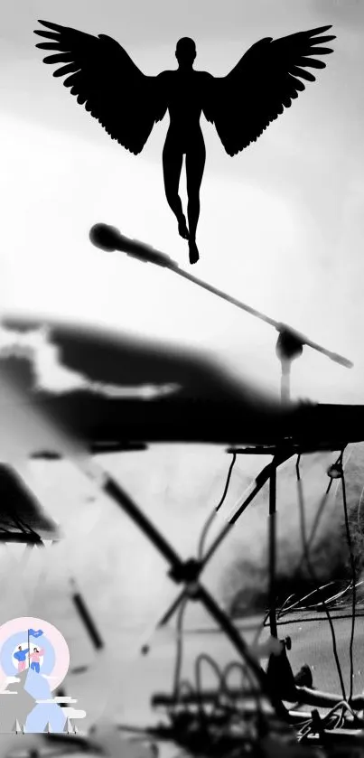 Black angel silhouette over piano scene with mist.