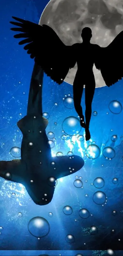 Silhouette of an angel with wings under a moonlit sky and bubbles, set in blue hues.