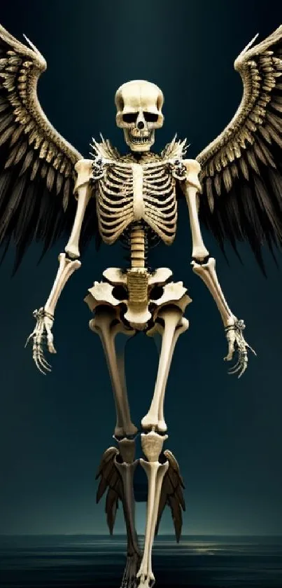 Dark-winged skeletal angel on a teal background, perfect for mobile wallpaper.