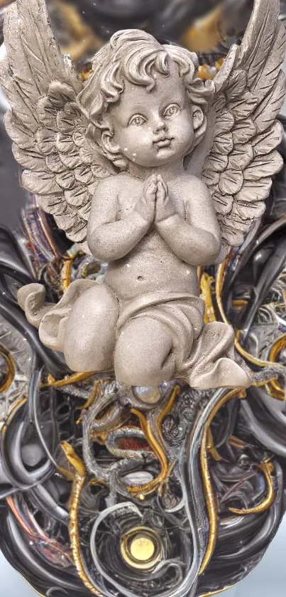 Detailed angel statue on abstract metallic background.