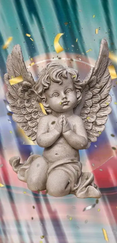 Praying angel statue with colorful aura and gold accents.