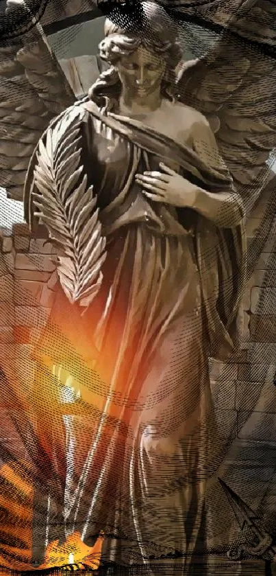 An angel statue with glowing light effects and intricate background design.