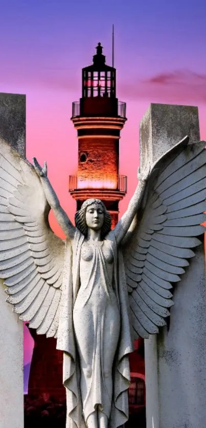 Majestic angel statue with a lighthouse at sunset.