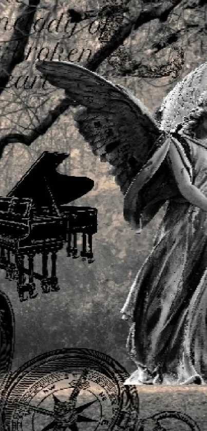 Artistic angel statue with piano and wings.