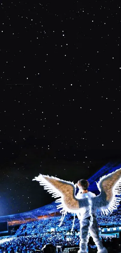 Angel with wings under a starry night sky on mobile wallpaper.