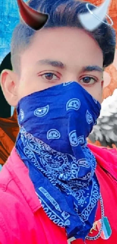Person wearing mask with angel and demon elements.