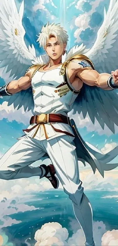 Anime angel warrior with wings in the sky wallpaper.