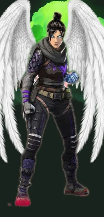 Fantasy character with wings on a bold, dark green background.