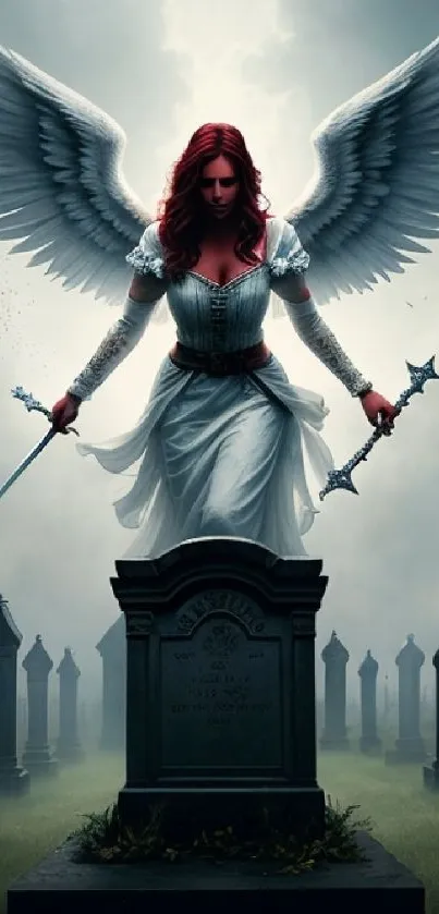 Angel warrior with wings standing amid gravestones in a misty landscape.