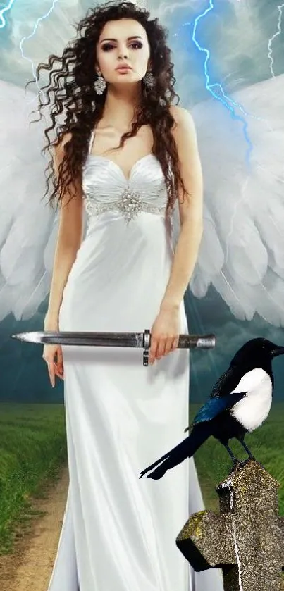 Angel warrior with wings holds a sword against a dramatic sky.